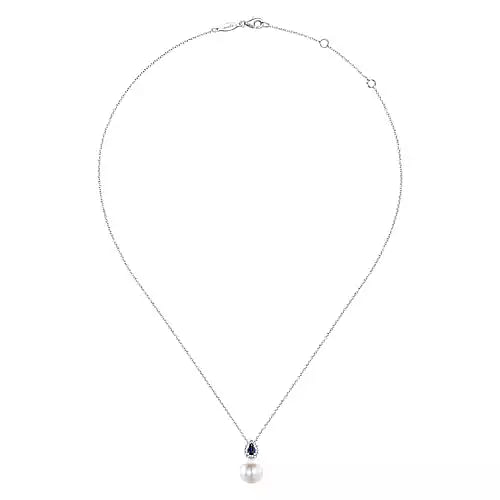 Gabriel & Co | 14K White Gold Pear Shaped Sapphire and Diamond Halo Pendant Necklace with Pearl