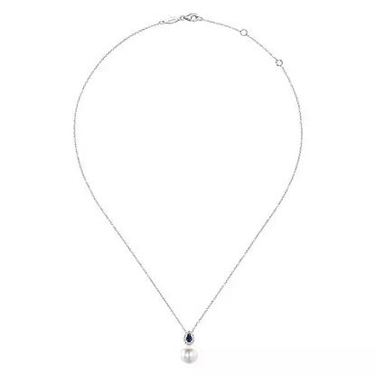 Gabriel & Co | 14K White Gold Pear Shaped Sapphire and Diamond Halo Pendant Necklace with Pearl