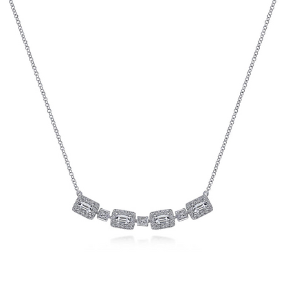 Gabriel & Co | 14K White Gold Rectangular Baguette and Diamond Halo Station Necklace