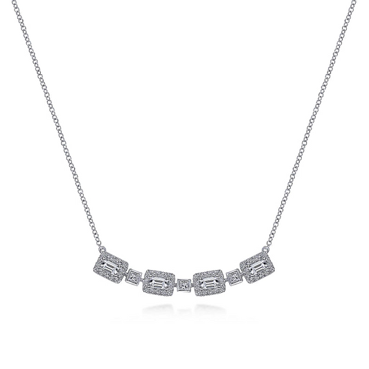 Gabriel & Co | 14K White Gold Rectangular Baguette and Diamond Halo Station Necklace