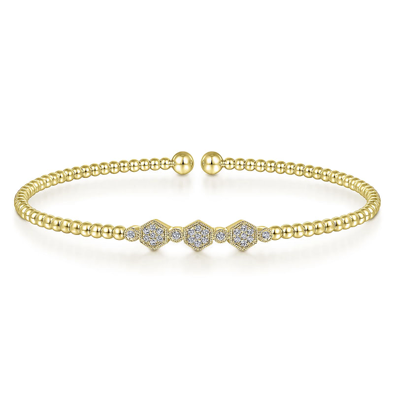 Gabriel & Co | 14K Yellow Gold Bujukan Bead and Hexagon Cluster Diamond Bangle