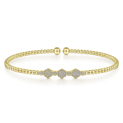 Gabriel & Co | 14K Yellow Gold Bujukan Bead and Hexagon Cluster Diamond Bangle