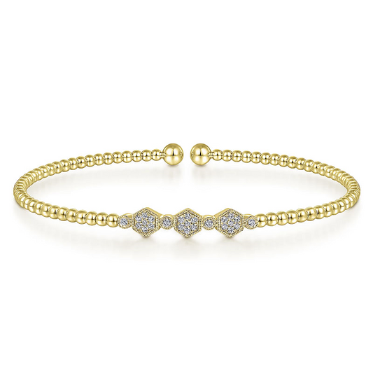 Gabriel & Co | 14K Yellow Gold Bujukan Bead and Hexagon Cluster Diamond Bangle