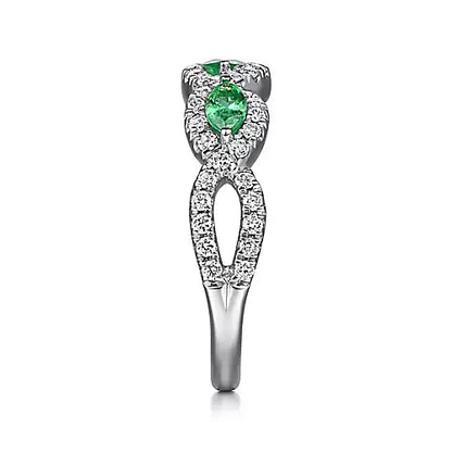 Gabriel & Co | 14K White Gold Twisted Diamond Rows and Emerald Marquise Stones Ring