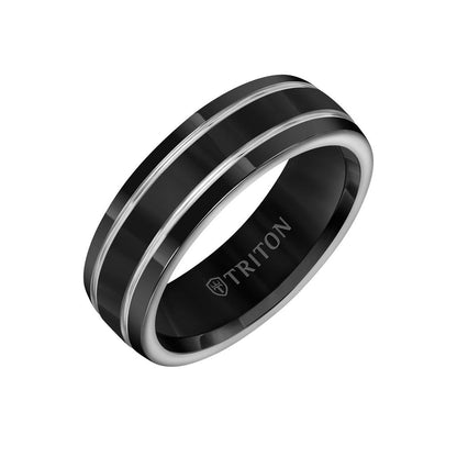 7MM Titanium Ring - Domed Black Satin Center and Bevel Edge