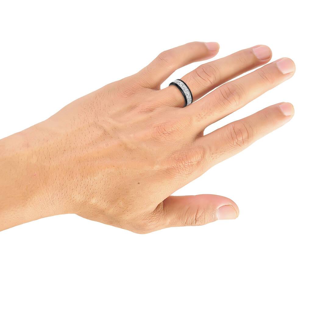 8MM Black Tungsten Carbide Ring - Hammered 14K White Gold Insert with Round Edge