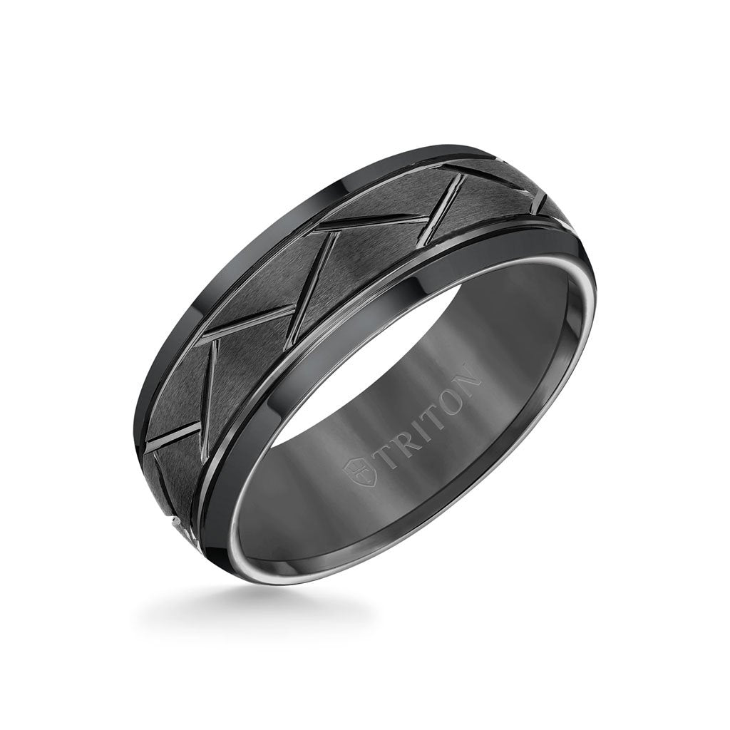 8MM Tungsten Carbide Ring - Domed Alternating Diagonal Cuts and Bevel Edge