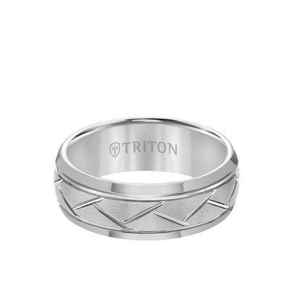 8MM Tungsten Carbide Ring - Domed Alternating Diagonal Cuts and Bevel Edge