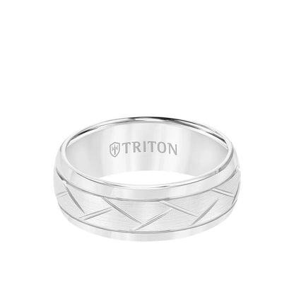 8MM Tungsten Carbide Ring - Domed Alternating Diagonal Cuts and Bevel Edge