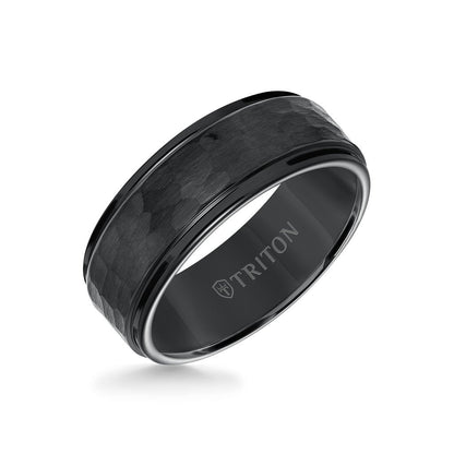 8MM Tungsten Carbide Ring - Hammered Center and Step Edge