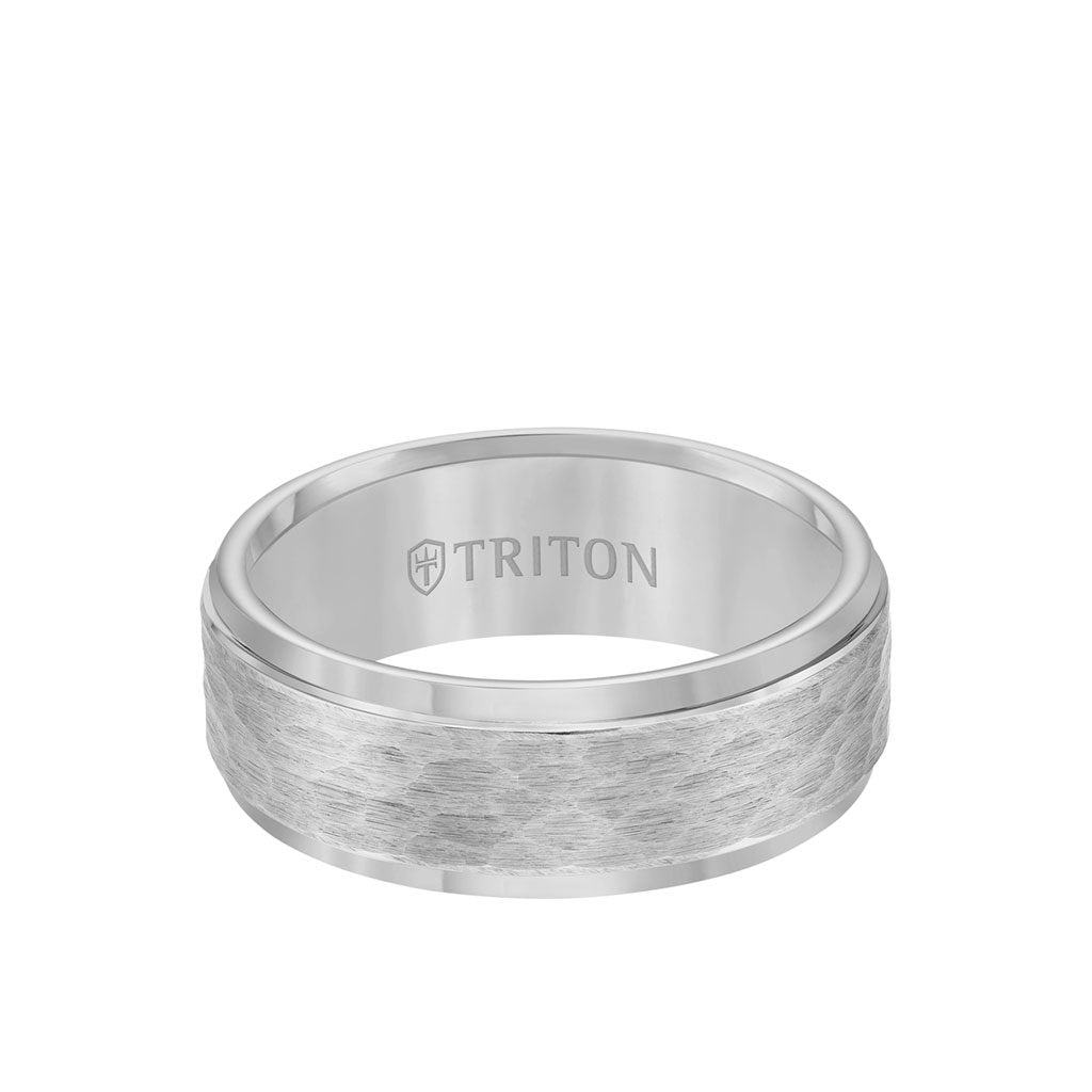 8MM Tungsten Carbide Ring - Hammered Center and Step Edge