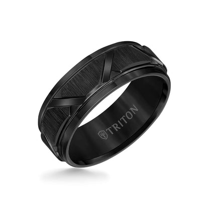 8MM Tungsten Carbide Ring - Wire Brush Center with Diagonal Cuts and Step Edge