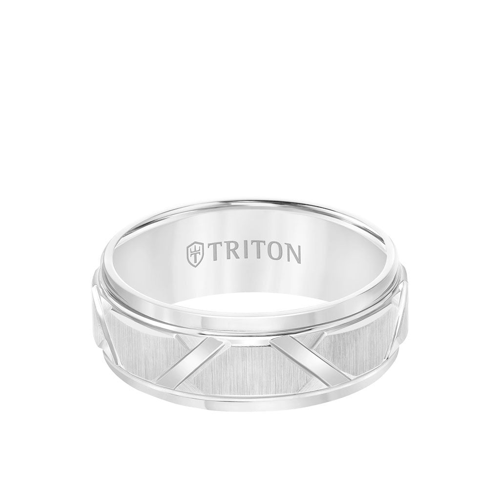 8MM Tungsten Carbide Ring - Wire Brush Center with Diagonal Cuts and Step Edge