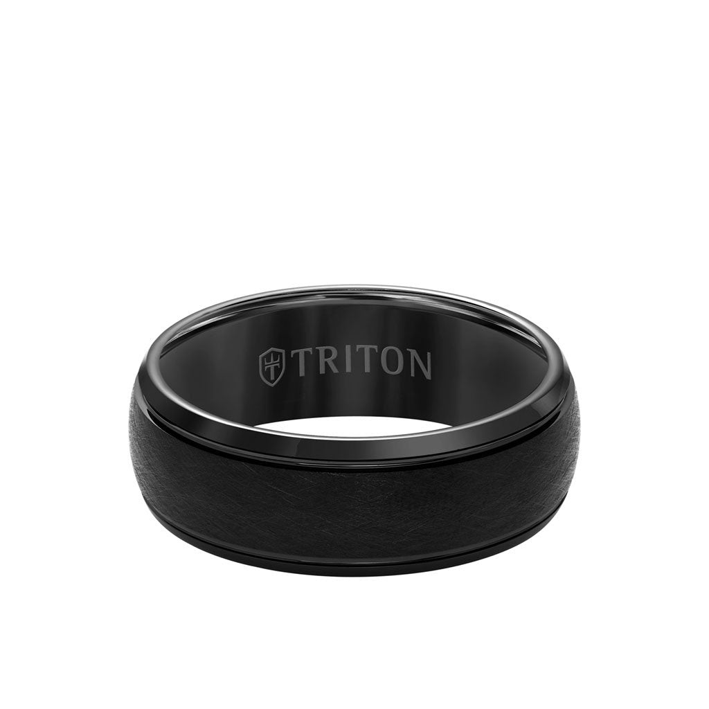 8MM Tungsten Carbide Ring - Domed Wire Brush Center and Flat Edge