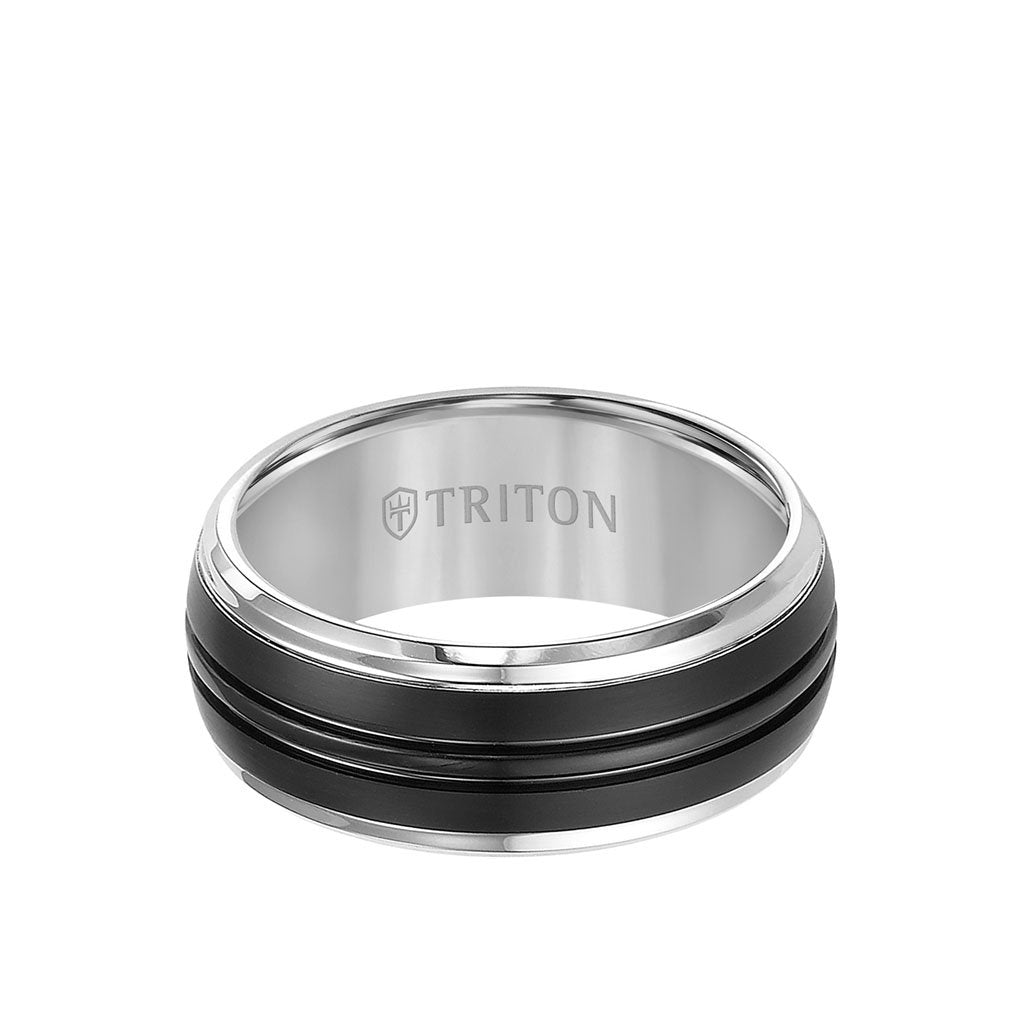 9MM Tungsten Carbide Ring - Black Brushed Center and Bevel Edge