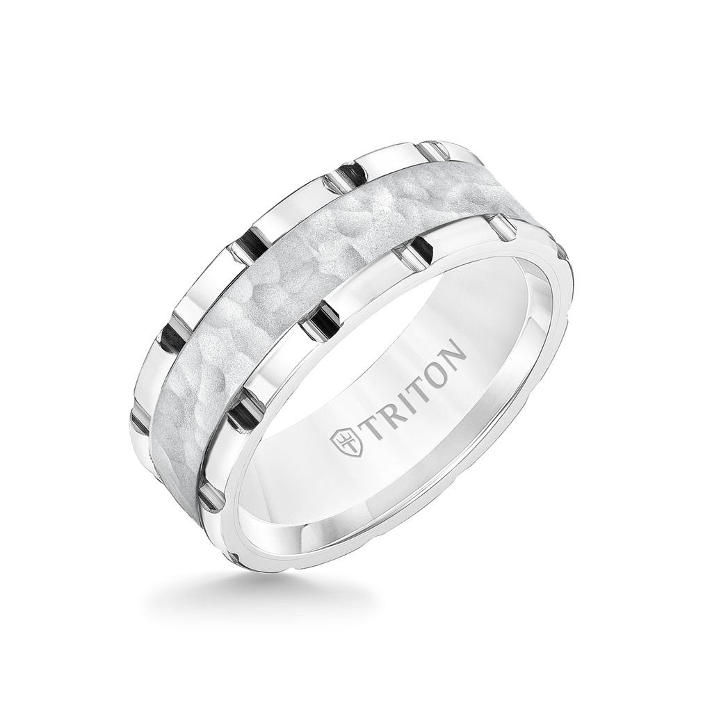 8MM Tungsten Carbide Ring - Hammered Center and Link Edge