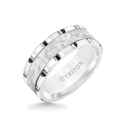 8MM Tungsten Carbide Ring - Hammered Center and Link Edge