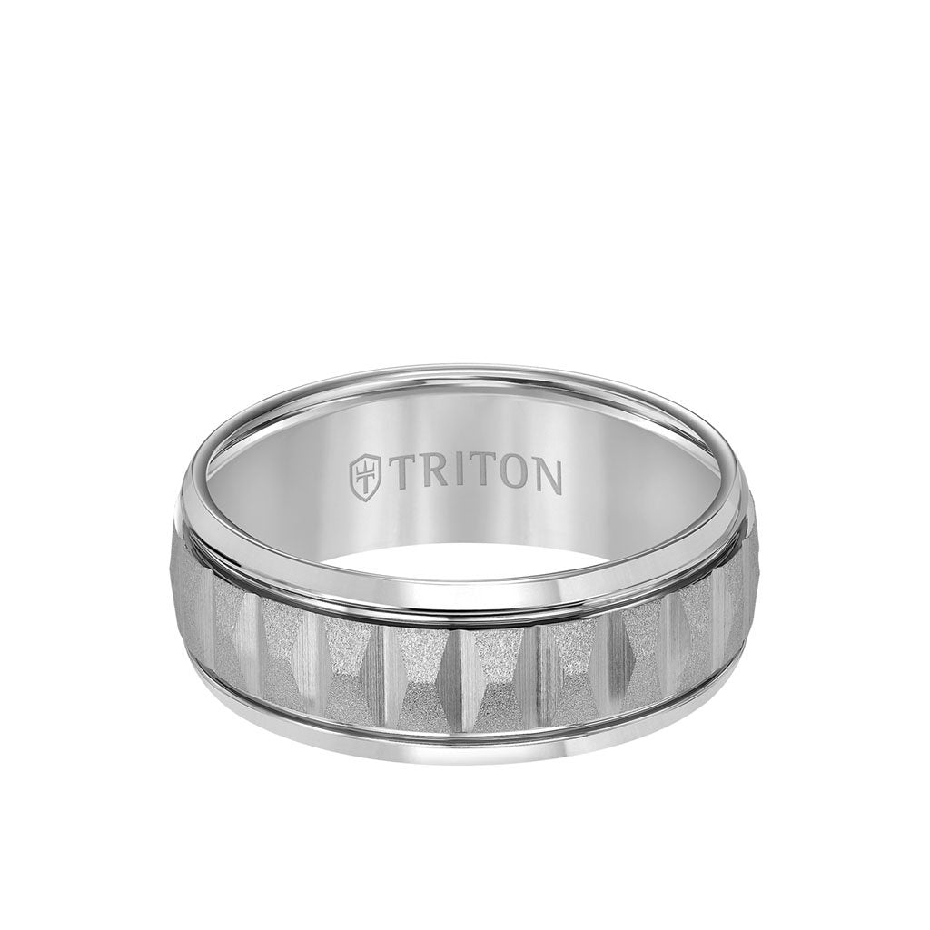 8MM Tungsten Carbide Ring - Brushed Faceted Center and Round Edge