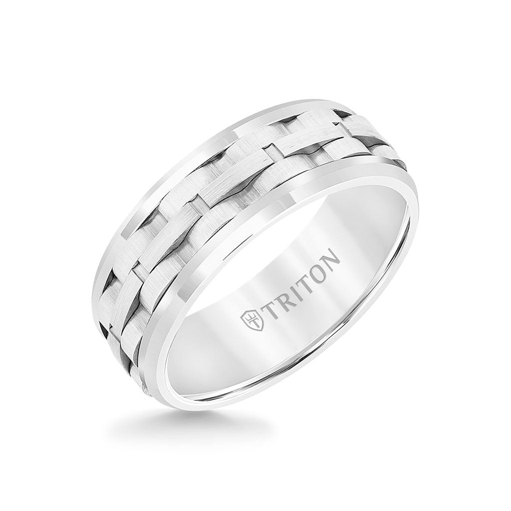 8MM Tungsten Carbide Ring - Brushed Link Center and Bevel Edge