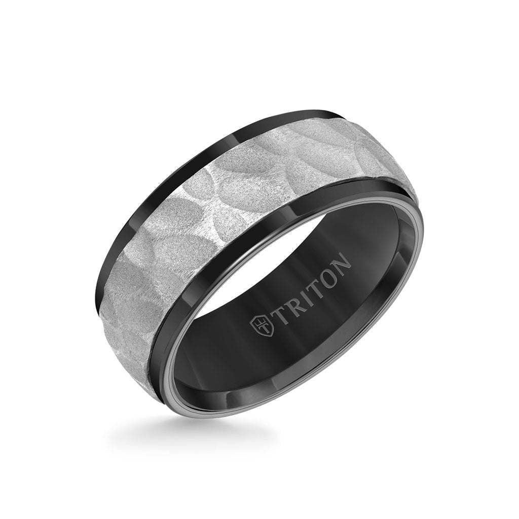 9MM Tungsten Carbide Ring - White Sandblasted Distressed Center and Bevel Edge