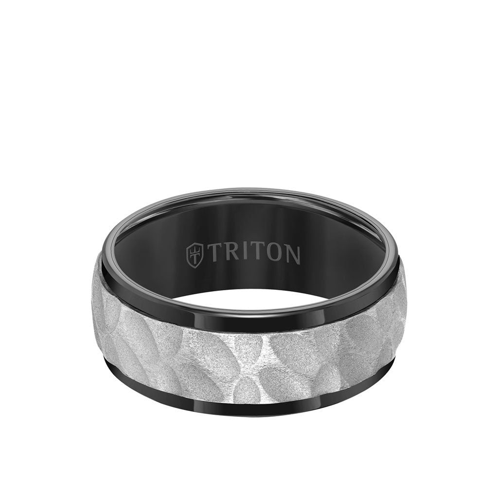 9MM Tungsten Carbide Ring - White Sandblasted Distressed Center and Bevel Edge