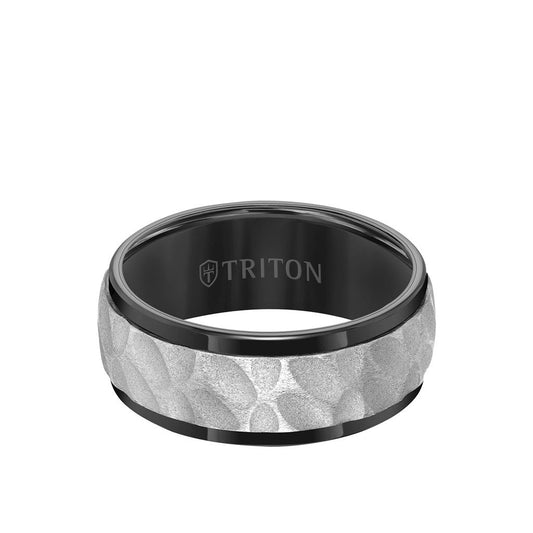 9MM Tungsten Carbide Ring - White Sandblasted Distressed Center and Bevel Edge