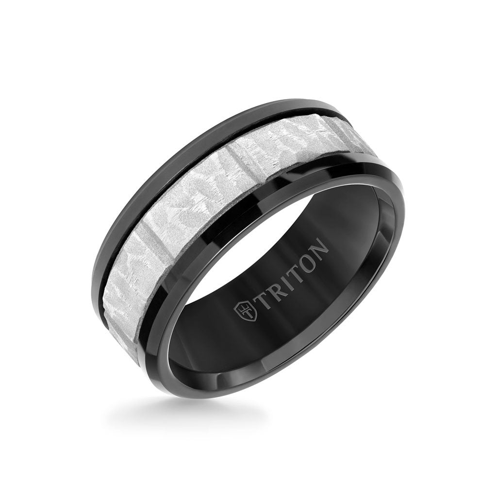 9MM Tungsten Carbide Ring - Grey Sandblasted Distressed Center and Bevel Edge