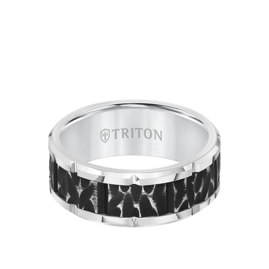 9MM Tungsten Carbide Ring - Black Sandblasted Distressed Center and Bevel Edge