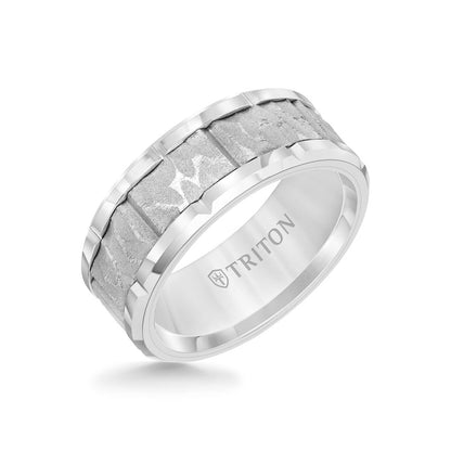 9MM Tungsten Carbide Ring - Sandblasted Distressed Center, Bevel Edge & Bright Rims