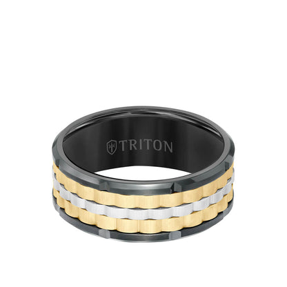 9MM Tungsten Carbide Ring - Basketweave Center & Bevel Edge