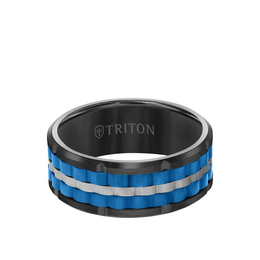 9MM Tungsten Carbide Ring - Basketweave Center & Bevel Edge