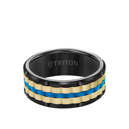 9MM Tungsten Carbide Ring - Basketweave Center & Bevel Edge