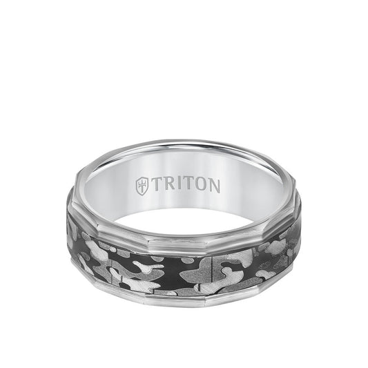 8MM Tungsten Carbide Ring - Camo Pattern and Faceted Edge