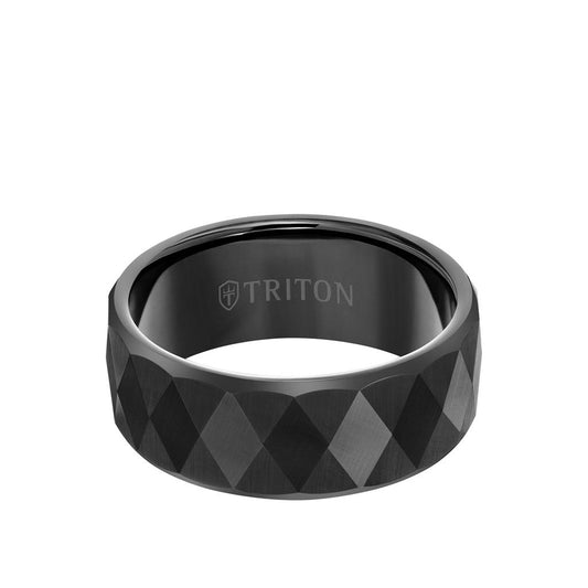 9MM Tungsten Carbide Ring - Faceted Diamond Pattern and Flat Edge