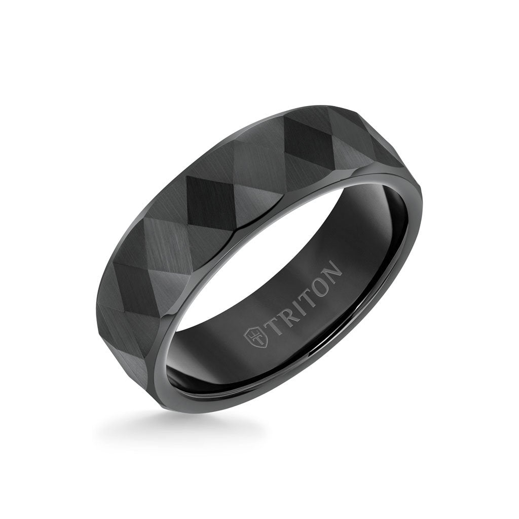 7MM Tungsten Carbide Ring - Faceted Diamond Pattern and Flat Edge