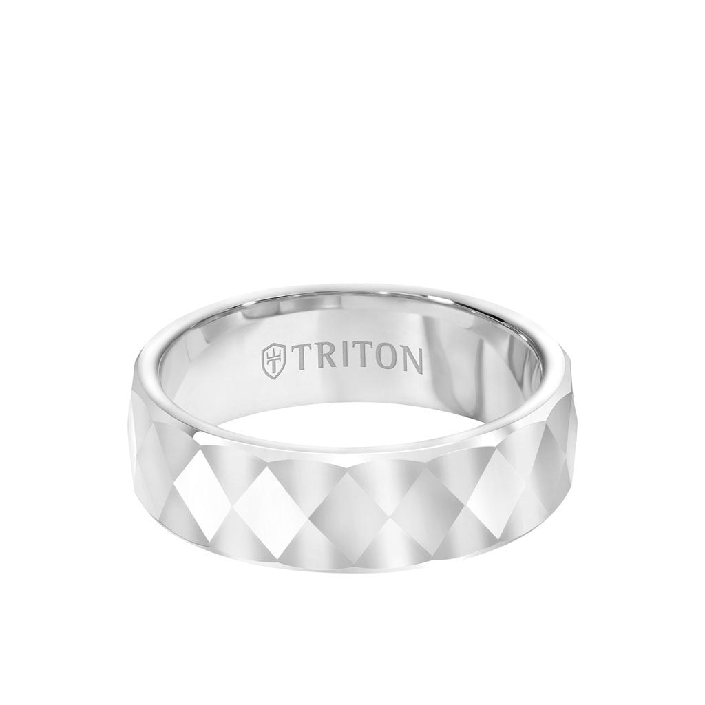 7MM Tungsten Carbide Ring - Faceted Diamond Pattern and Flat Edge