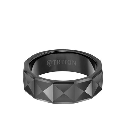 7MM Tungsten Carbide Ring - Faceted Pyramid Center and Round Edge