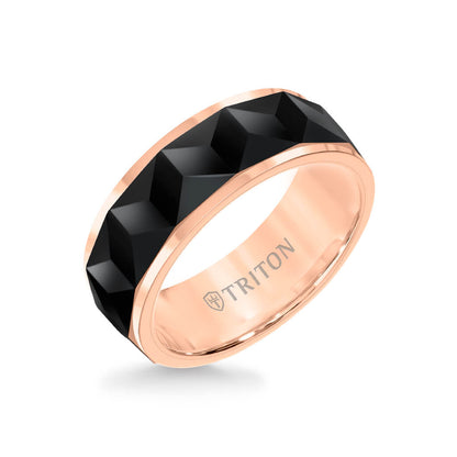 8MM Tungsten Carbide Ring - Faceted Chevron Pattern and Bevel Edge