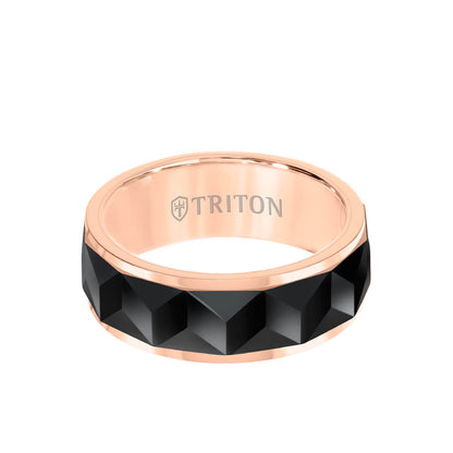 8MM Tungsten Carbide Ring - Faceted Chevron Pattern and Bevel Edge