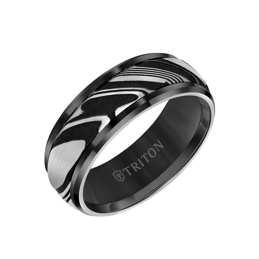 8MM Tungsten Carbide Ring - Damascus Steel with Bevel Edge