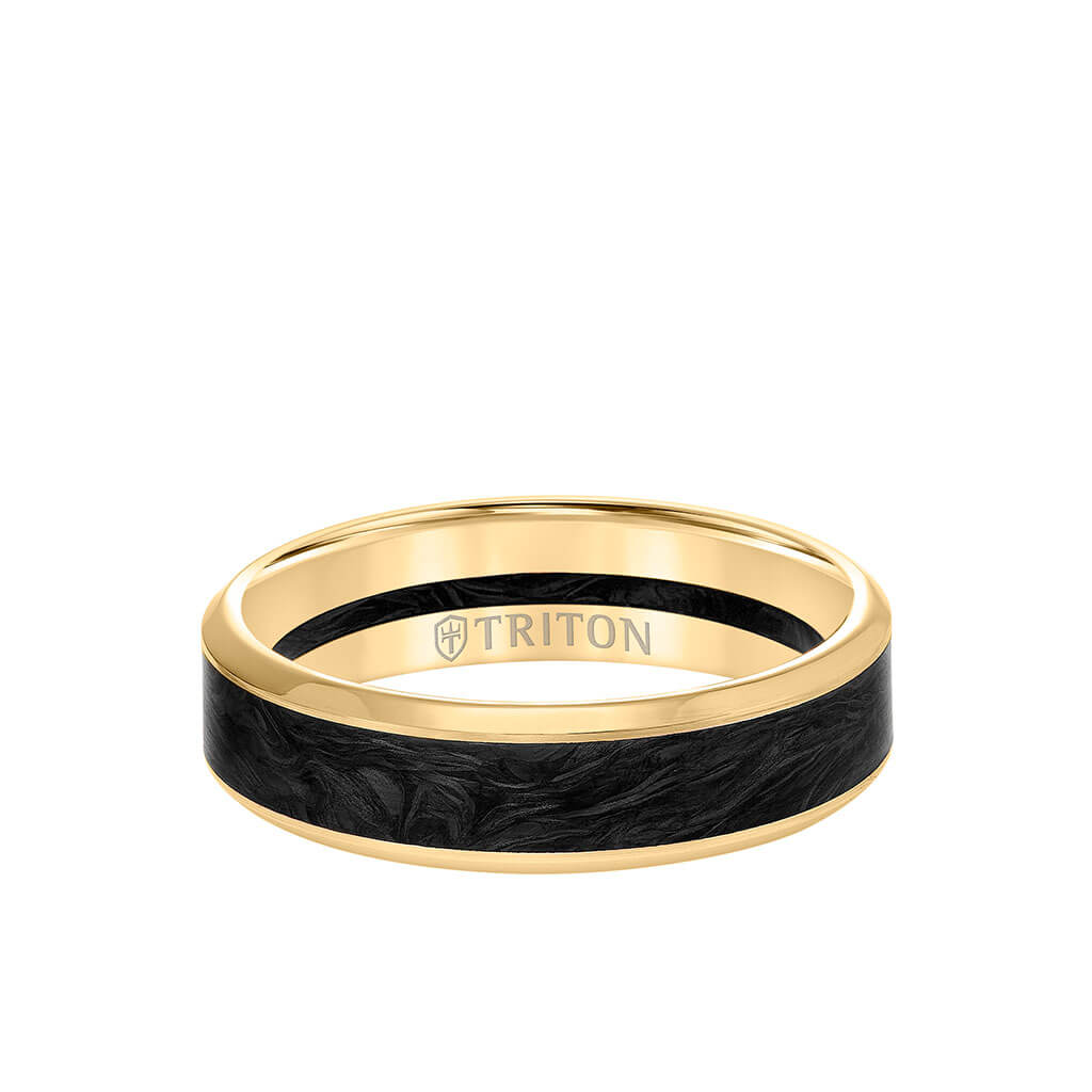 6MM 14K Gold Ring + Forged Carbon - Channel Center & Bevel Edge