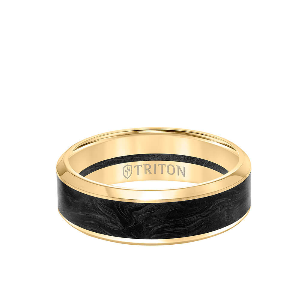 7MM 14K Gold Ring + Forged Carbon - Channel Center & Bevel Edge