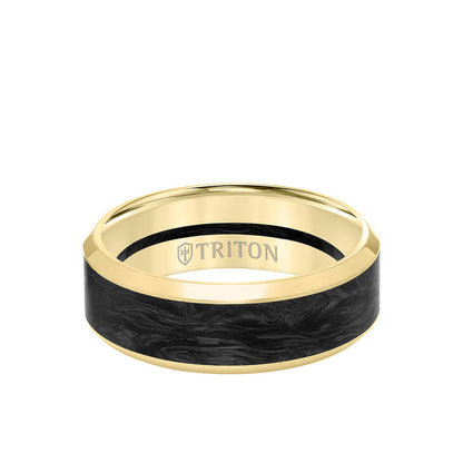 8MM 14K Gold Ring + Forged Carbon - Channel Center & Bevel Edge