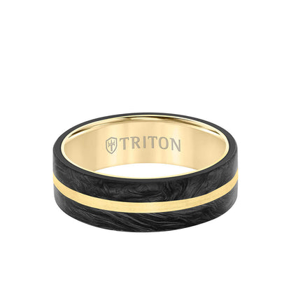 7MM 14K Gold Ring + Forged Carbon - Flat Profile and Center Channel