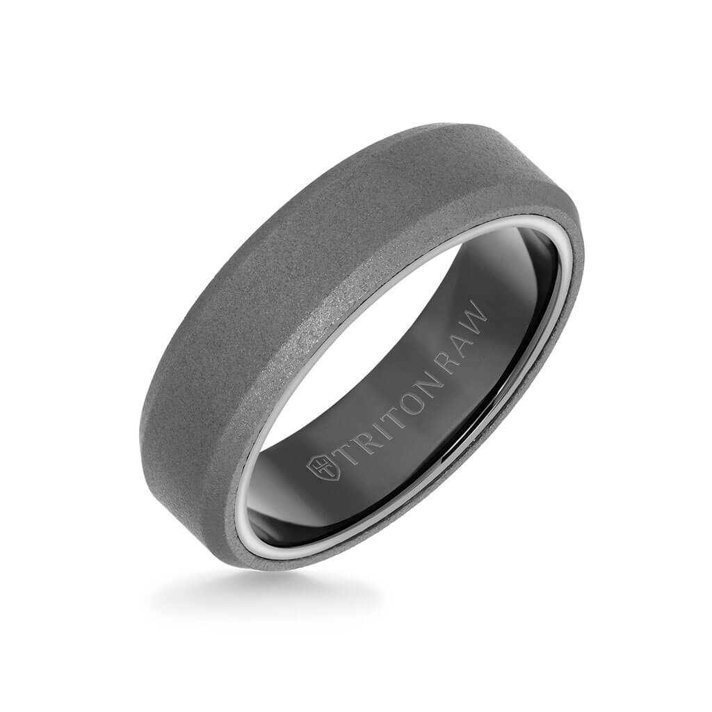 6MM Tungsten RAW Ring - Sandblasted With Black Inside Shine and Bevel Edge