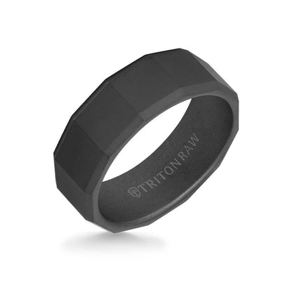 8MM Tungsten RAW Black DLC Ring - Faceted Pattern with Bevel Edge