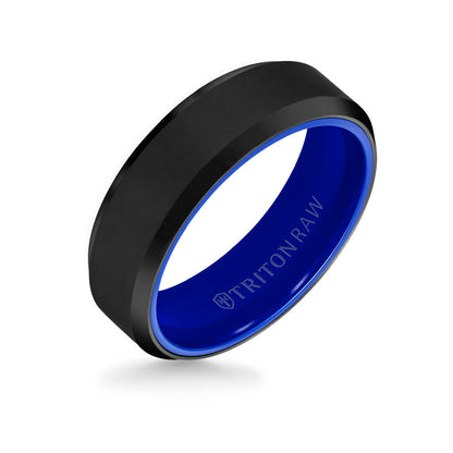 7MM Tungsten RAW Black DLC Ring - Ceramic Interior and Bevel Edge