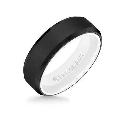 7MM Tungsten RAW Black DLC Ring - Ceramic Interior and Bevel Edge