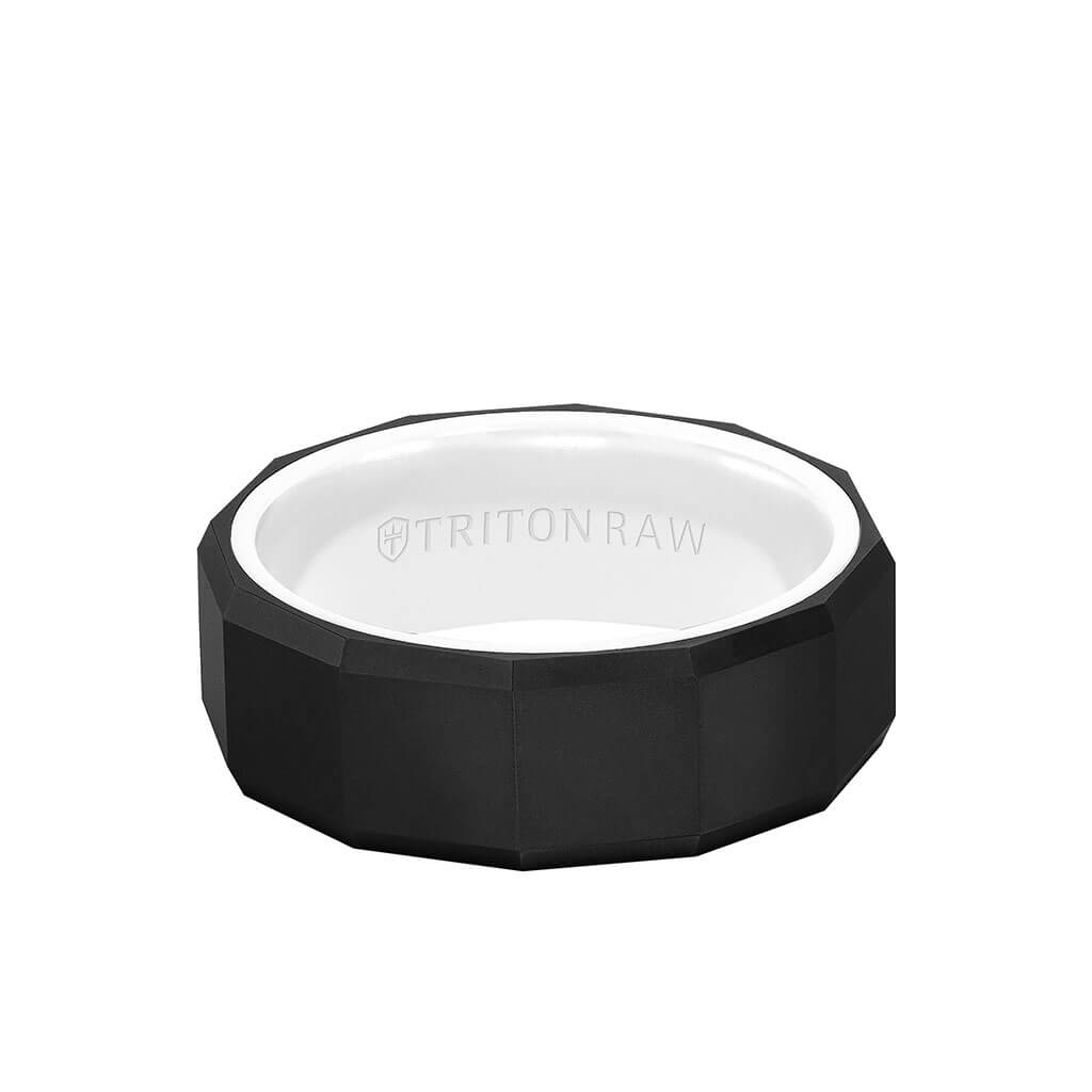 8MM Tungsten RAW Black DLC Ring - Faceted Pattern, Ceramic Interior and Bevel Edge