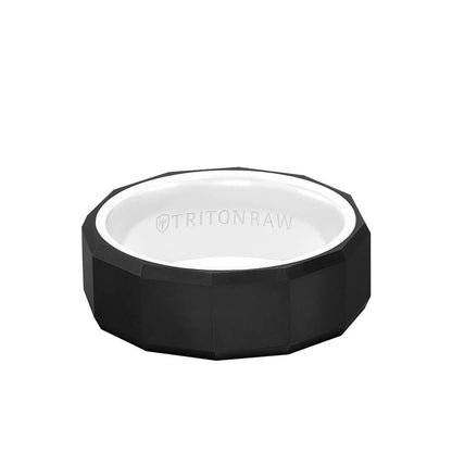 8MM Tungsten RAW Black DLC Ring - Faceted Pattern, Ceramic Interior and Bevel Edge